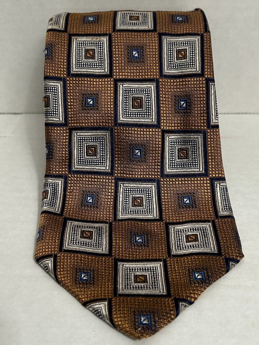 Amherst & Brock Made in Italy 100% Silk Men's Necktie Geometric Brown Blue Silve